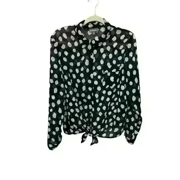 Roz & Ali Womens XL Blouse Black White Polka Dots Sheer Tie Bottom Lightweight - Picture 2 of 13